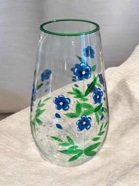 Hand-Painted Blue Floral Glass Vase with Green Trim